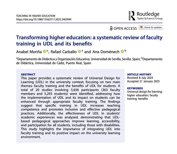 A screenshot of the first page of the article from the journal Teaching in Higher Education: Critical Perspectives titled: Transforming higher education: a systematic review of faculty training in UDL and its benefits by Anabel Morina, Rafael Carballo and Ana Doménech. The screenshot includes the abstract of the article (available via the link).