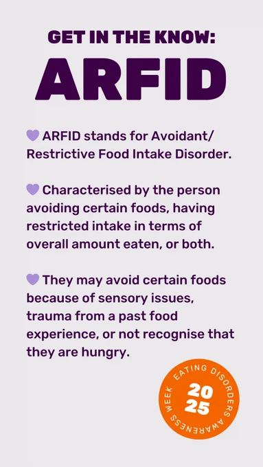 Light grey background with dark purple text. Capitalised title reads 'Get in the know: ARFID'. In bullet points below, text reads 'ARFID stands for Avoidant / Restrictive Food Intake Disorder. Characterised by the person avoiding certain foods, having restricted intake in terms of overall amount of food eaten, or both. They may avoid certain foods, because of sensory issues, trauma from a past food experience, or not recognising that they are hungry.' The orange roundel is in the bottom right corner.