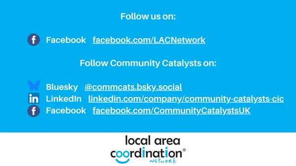 Card with website addresses facebook.com/LACNetwork, Bluesky account @commcats.bsky.social, LinkedIn linkedin.com/company/community-catalysts-cic, and Facebook facebook.com/CommunityCatalystsUK