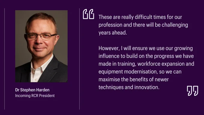 Portrait of Dr. Stephen Harden, the incoming RCR President, next to a quote about his commitment to progress in the profession and challenges ahead.
