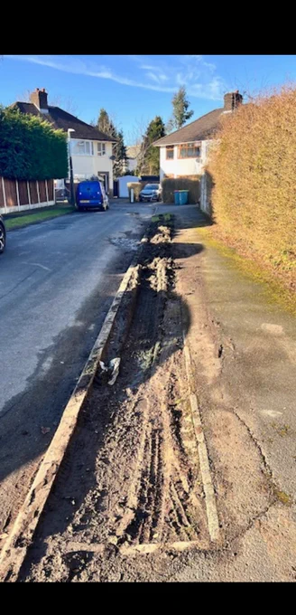 Very muddy and churned up grass verge on Greystock Avenue 