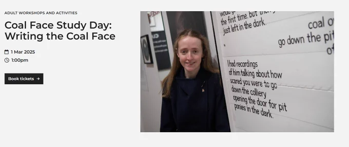 Image from Sunderland Culture's website: Coal Face Study Day: Writing the Coal Face 1 Mar 2025 1.00pm.
An image of Louise, brown hair with blonde highlights, white, in a blue coat, smiling beside a board of her poetry.