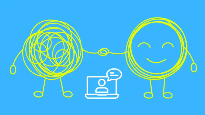An illustrative graphic of a squiggle with hands and legs holding hands with another squiggle with a smiley face. An illustration of a computer including a person and a speech bubble.