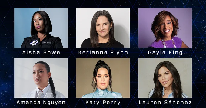 Graphic featuring portraits of the Blue Origin New Shepard NS-31 crew including Aisha Bowe, Keriannne Flynn, Gayle King, Amanda Nguyen, Katy Perry, and Lauren Sánchez against a starry background.