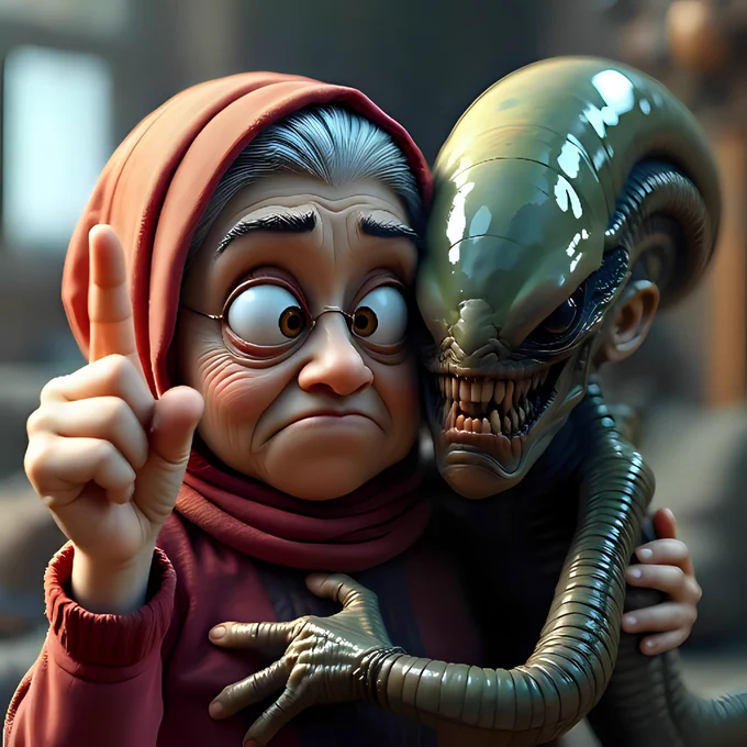 Macro photography. A 3D, adorable yet grumpy cartoon grandma with large, expressive Pixar-style eyes, wearing a headscarf, raising her index finger in a scolding manner. DreamWorks animation style. Next to her, a large, menacing xenomorph, highly detailed and realistic, resembling the creature from the *Alien* movie franchise, gently hugs her, creating a humorous and surreal contrast. 