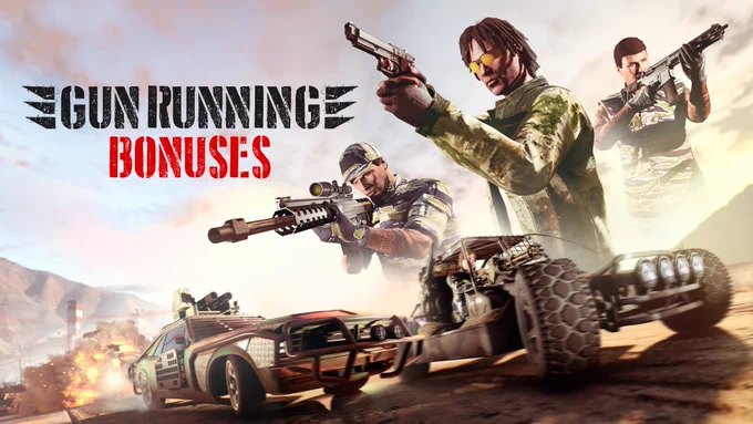 Gun Running Bonuses poster with weaponized off-road vehicles underneath superimposed armed characters against the sky. 