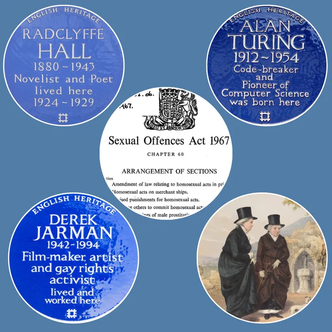 A collage of five circles displaying an assortment of blue plaques and images including a copy of the Sexual Offences Act 967 and Alan Turing's blue plaque.