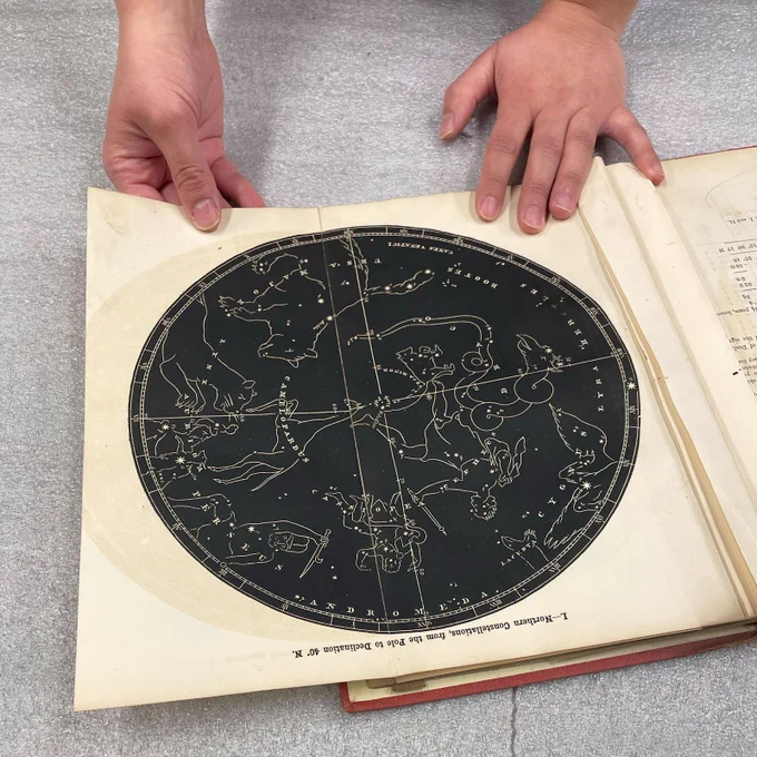 Photograph depicting two hands holding a fold-out chart from a book on celestial navigation. The chart is black-and-white and  illustrates the Northern constellations and the Zodiac signs associated with them.