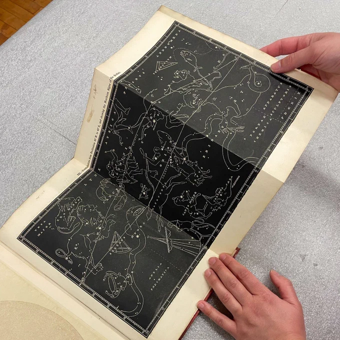 Photograph depicting two hands holding a fold-out chart from a book on celestial navigation. The chart is black and white, and illustrates the Northern constellations and the Zodiac signs associated with them.