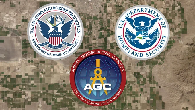 The logos of the Department of Homeland Security, the U.S. Customs and Border Protection, and the Army Geospatial Center displayed over an aerial image. (Photo Credit: Wikipedia, Department of Homeland Security, and the Army Geospatial Center)
