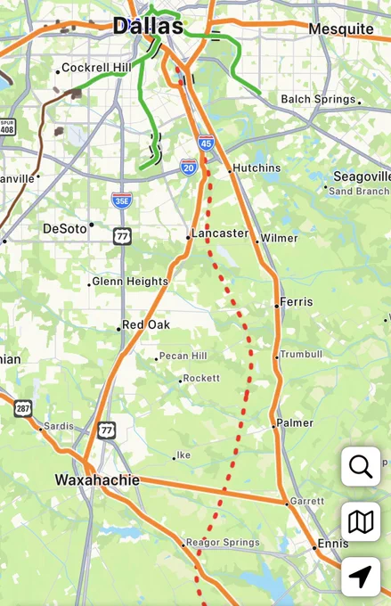 Texas Central route outlined between Ennis & Dallas