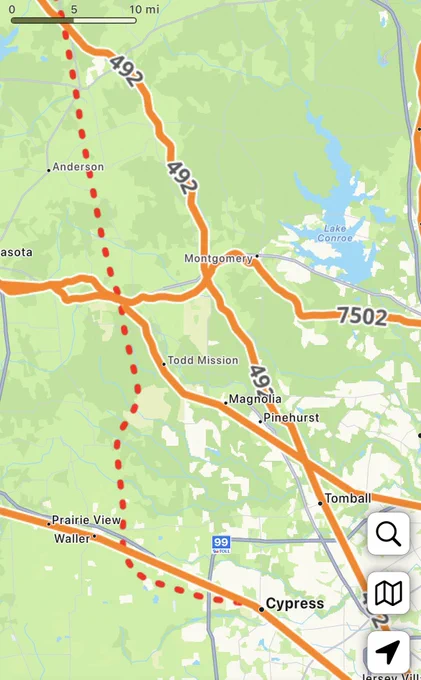 Texas Central route outlined between Anderson & Cypress, TX