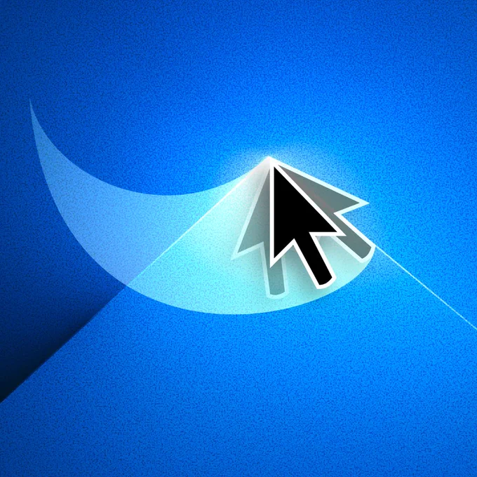 The image features a stylized logo of a white cursor in the shape of a pointer arrow against a blue gradient background resembling an abstract digital landscape.