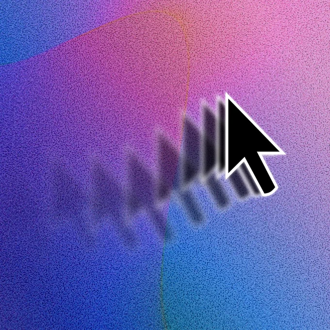 A large white arrow cursor icon displayed over a colorful, textured background that transitions from blue, purple to pink.