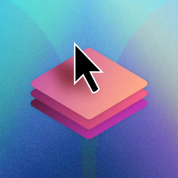 A graphic of a cursor arrow pointing to a stack of colorful, gradient squares on a dual-tone blue and green background.