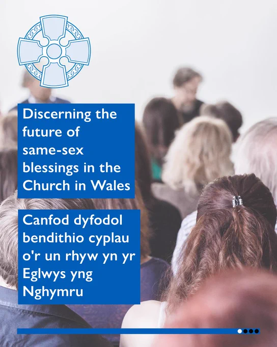 Rectangular graphic with a picture of people talking. The church in Wales Celtic cross logo is at the top on the left. Below it are two blue squares with text that reads: “Discerning the future of same-sex blessings in the Church in Wales. Canfod dyfodol bendithio cyplau o'r un rhyw yn yr Eglwys yng Nghymru.”