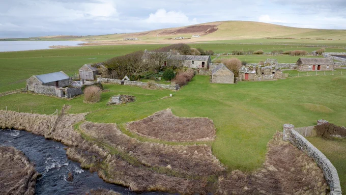 Aerial view of Kirbuster Farm Museum, Orkney