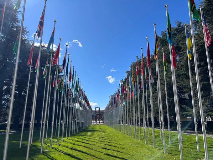 Row of flags amidst a bright green field at the UN with sunny blue sky in the background