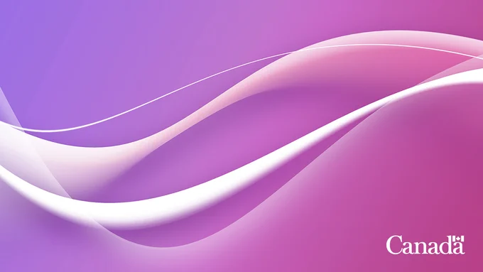 IMAGE : Arrière-plan en teintes dégradées de mauve vers le rose.  Lignes sinusoidales blanches à l'horzontale.  Logo du Canada en blanc au bas à droite.