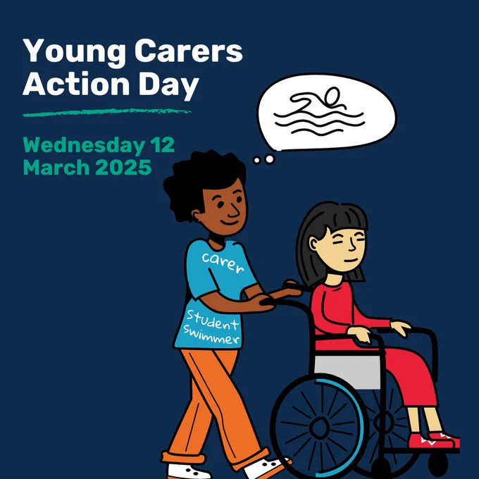 Promotional graphic for Young Carers Action Day on Wednesday, March 12, 2025, featuring one person pushing another in a wheelchair, with symbols indicating care and student swimming activities.