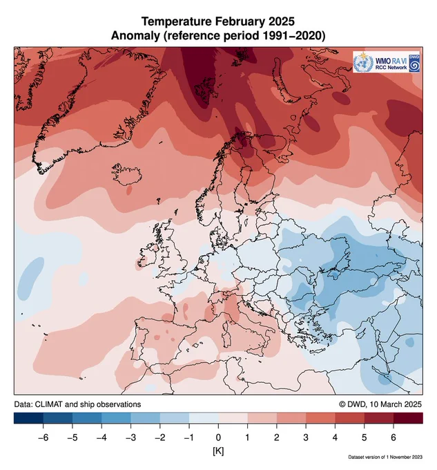 Europakarte der Abweichungen der Monatsmitteltemperatur für Februar 2025 vom Klimamittel 1991-2020. Über Nordeuropa war es im äußersten Norden bis über 6 Grad wärmer als normal, in Südwesteuropa 1 bis 2 Grad wärmer, im Südosten, vor allem um das Schwarze Meer herum dagegen 1 bis 3 Grad kälter als normal.