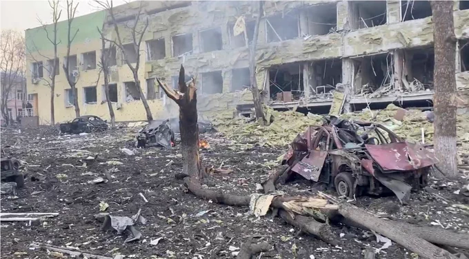 Debris is seen on site of the destroyed Mariupol children's hospital as Russia's invasion of Ukraine continues, in Mariupol, Ukraine, March 9, 2022 in this still image from a handout video obtained by Reuters. Ukraine Military/Handout via REUTERS
https://www.reuters.com/world/europe/russia-promises-silence-ukrainians-flee-battered-cities-2022-03-09/ 