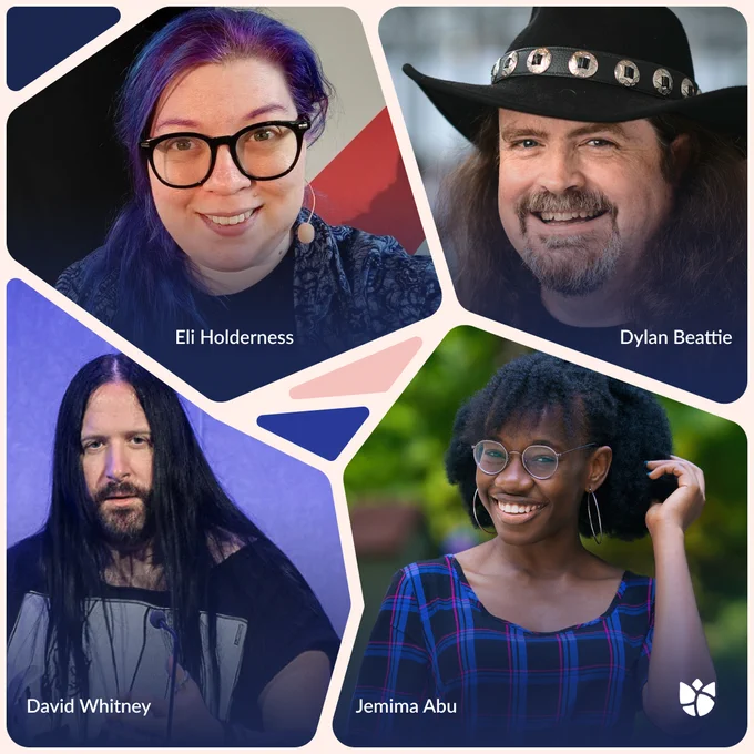 Promotional graphic showcasing four speakers for an event: Eli Holderness with colorful hair and glasses, Dylan Beattie wearing a cowboy hat, David Whitney with long black hair, and Jemima Abu smiling, wearing earrings and plaid shirt.
