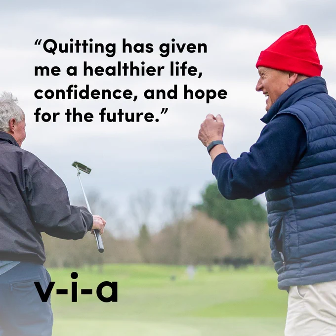 two men golfing with via logo and text saying: "quitting has given me a healthier life, confidence, and hope for the future."