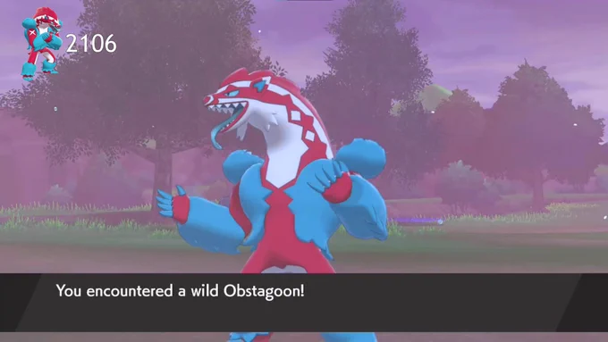 Shiny Obstagoon encounter after 2,106 SRs in Pokemon Shield