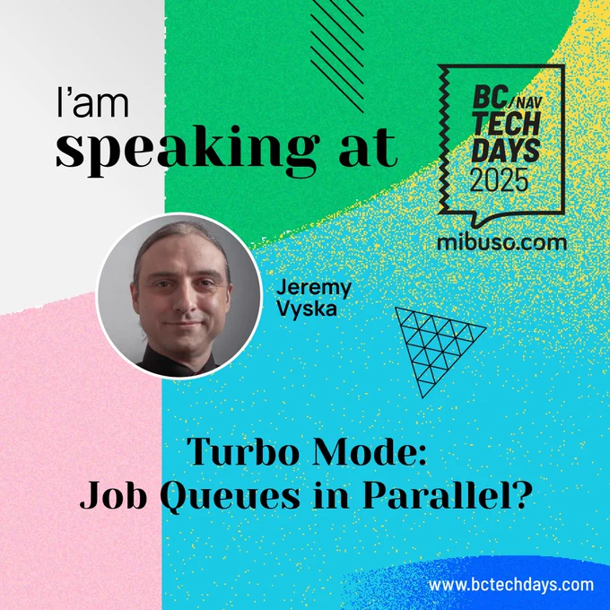 BC TechDays "I'm speaking at" slide, announcing "Turbo Mode: Job Queues in Parallel?" session.