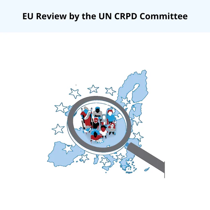 An illustration of persons with disabilities standing on top of a map of europe with a magnifier encircling them.
