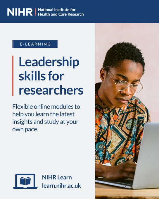 E-learning
Leadership skills for researchers.
Flexible online modules to help you learn the latest insights and study at your own pace.
NIHR Learn
learn.nihr.ac.uk 