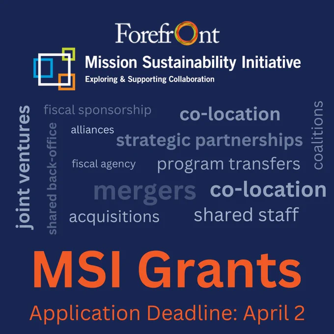 Logo of the Forefront Initiative at the top, followed by a text "Exploring & Supporting Collaboration" and a cloud of related terms like "joint ventures," "strategic partnerships," "mergers," and "grants" in blue and white colors on a dark background.
