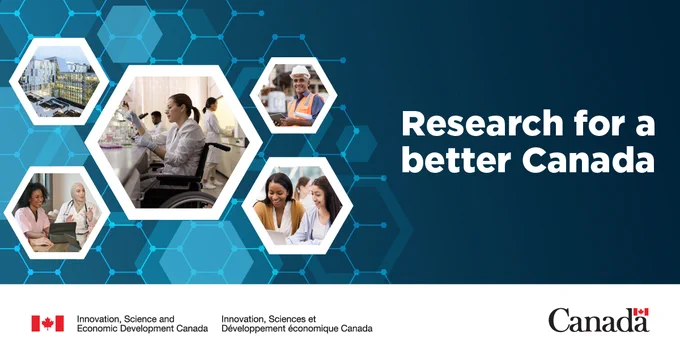 Collage of five hexagon-shaped photos of researchers, scientists and lab buildings. Text: Research for a better Canada.