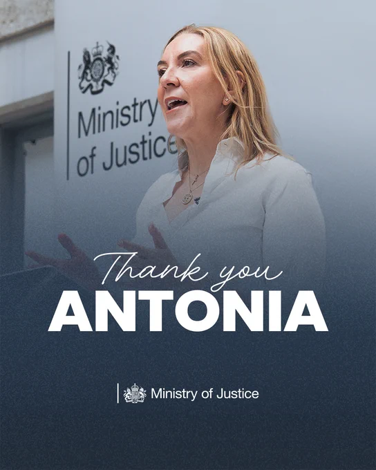 Image of Antonia Romeo delivering a speech in front of the Ministry of Justice sign. The image is overlaid with white text that reads, "Thank you Antonia". 