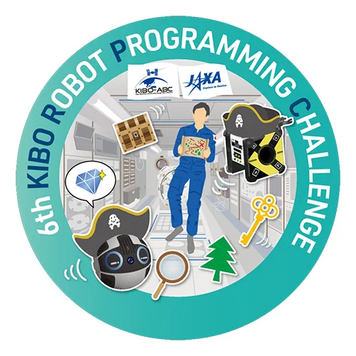 Sixth Kibo Robot Programming Challenge logo showing cartoon drawings of small robots wearing pirate hats floating near an astronaut in the space station along with icons representing a key, a tree, a magnifying glass, and a treasure chest