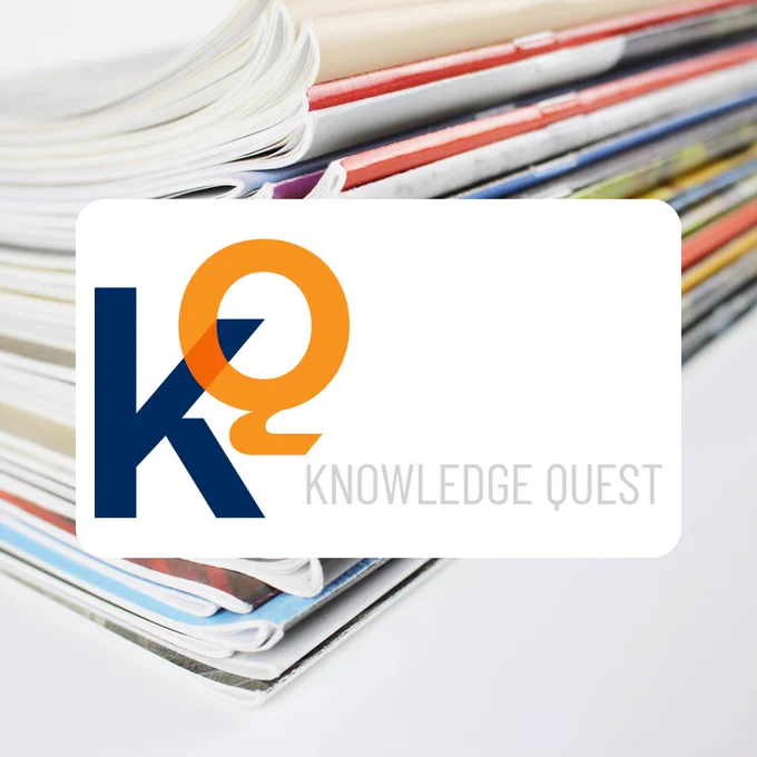 A stack of magazines with a logo overlay that reads KQ Knowledge Quest.