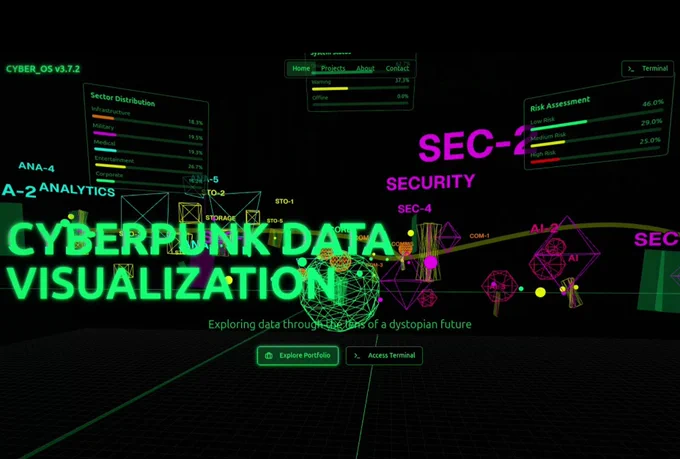 A futuristic cyberpunk data visualization interface glowing in neon green and magenta, showcasing a high-tech security dashboard. Floating holographic analytics panels display sector distribution statistics, risk assessment levels, and AI security statuses.

In the center, the bold glowing green text "CYBERPUNK DATA VISUALIZATION" overlays a wireframe neural network sphere, surrounded by interconnected AI-driven nodes labeled SEC-2, SEC-4, AI-2, COM-1, and STO-5.

To the right, a risk assessment panel with green, yellow, and red bars highlights different security risk levels, while the top-left displays a system warning indicator. The background is filled with glowing geometric structures and data streams, resembling an AI-driven cybersecurity monitoring system in a dystopian future.

The scene embodies the intersection of AI-driven security, blockchain analytics, and quantum encryption, reflecting the **future of decentralized intelligence and stealth
