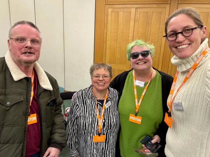 A photo of Leslie (My Life My Choice), Jo (National Autistic Taskforce), Simone (Free Our People Now) and Alexis, supported by Bring People Home from Hospital network.   