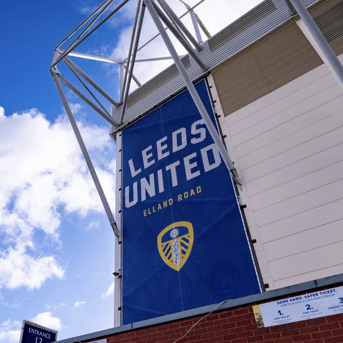 Picture taken of the banner hanging down the East Stand of Elland Road, which says Leeds United Elland Road