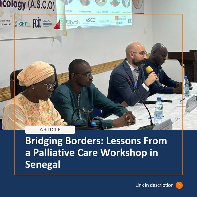 A Photo of workshop leaders at a table. Dr. Joe El Khoury holds a microphone. The bottom third of the graphic is navy blue and white text reads "Article. Bridging Borders: Lessons from a palliative care workshop in Senegal." The words "Link in description" are next to an orange arrow.