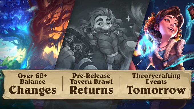 Image is split into three sections arranged horizontally. Each shows an image with a piece of text below it. 

From left to right:
Under an image of the World Tree Shaladrassil, text reads "Over 60 plus balance changes." 
Under an image of Hearthstone's Innkeeper Harth Stonebrew, text reads "Pre-Release Tavern Brawl Returns."
Under an image of Ava, a young human patron of the Tavern, text reads "Theorycrafting Events Tomorrow."