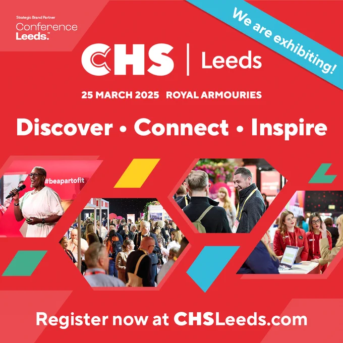 A red graphic advertising that Jodrell Bank will be exhibiting at CHS Leeds, 25 March 2025.