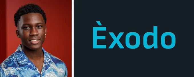 A headshot of a man in a blue and white patterned top next to teal leaders reading Exodo.