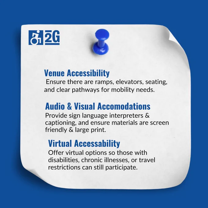 Graphic of a pinned note with tips for venue accessibility. 