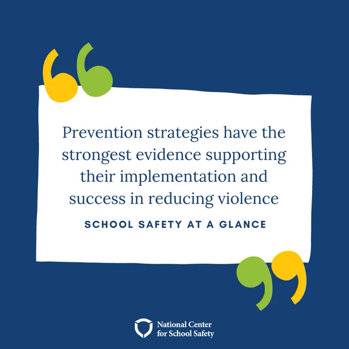 Image with the text reading "Prevention strategies have the strongest evidence supporting their implementation and success in reducing violence. Credit National Center for School Safety