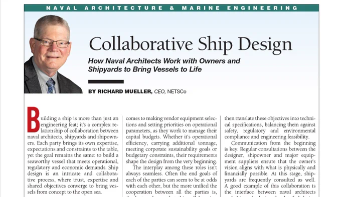 Page from the article, Collaborative Ship Design: How Naval Architect Work with Owners and Shipyards to Bring Vessels to Life, written for the Great Lakes Seaway Review magazine by Richard Mueller, CEO NETSCo