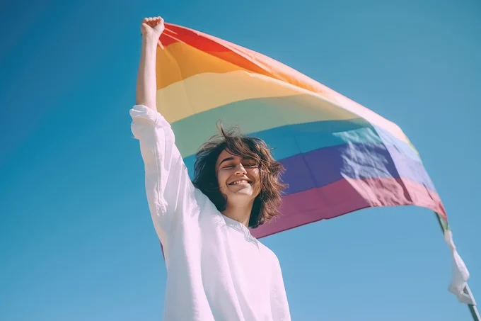 Photograph of young man smiling, and holding a fist in the air, with the LGBTQ pride flag in the background. Credit ArtificialArtist 