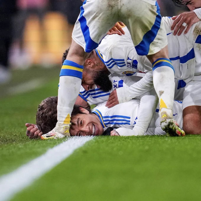 Ao Tanaka celebrates his goal with the rest of the players