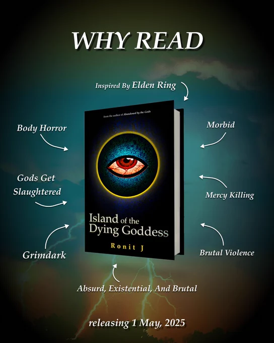 Why Read Island of the Dying Goddess by Ronit J. Callouts include: Inspired by Elden Ring, Morbid, Body Horror, Gods Get Slaughtered, Grimdark, Mercy Killing, Brutal Violence, Absurd, Existential, and Brutal. Background features a raging thunderstorm. Text below reads “Releasing 1 May, 2025”.